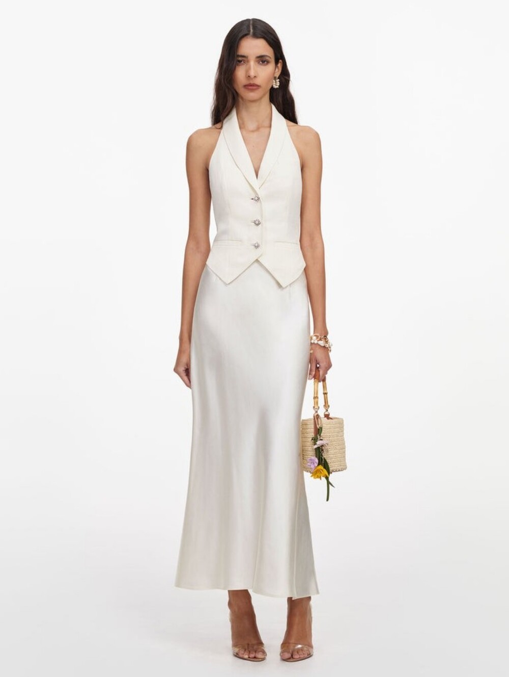 Self Portrait Cream Linen Blend Satin Midi Dress